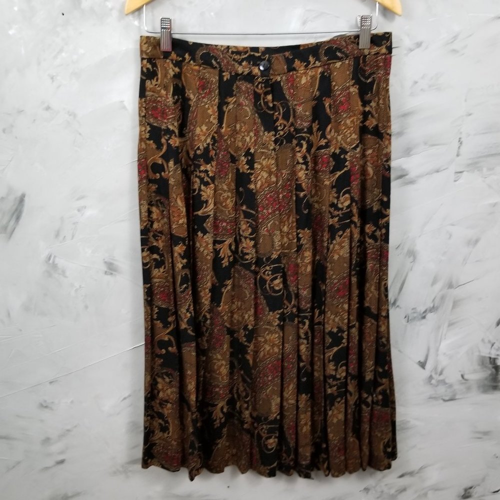 Vintage 80's Brown, Black, Gold Pleated Maxi Skirt